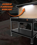 Heavy Duty 48 Inch Workbench With Power Outlets And Light, Black Finish, Two Drawers Plus Upper And Lower Shelves With Pegboard