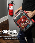 Front view of red and black EverLIT grab‑and‑go first aid kit in a hard-shell case.