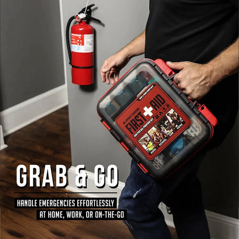 Front view of red and black EverLIT grab‑and‑go first aid kit in a hard-shell case.