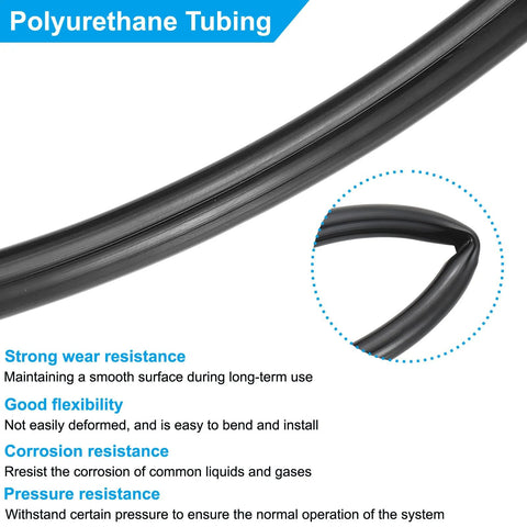 Black polyurethane pneumatic tubing, 1/4 in (6 mm) OD, 4 mm ID, 39 ft length, shown bent
