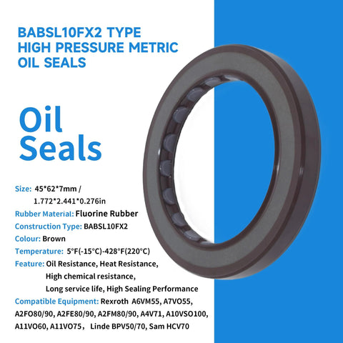 High pressure oil seal for hydraulic pumps, brown fluorine rubber double lip, 45x62x7mm, ideal for pumps and motors, BABSL10FX2 type.