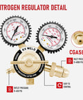 Front view of RX WELD nitrogen regulator with dual gauges, CGA580 inlet and 1/4-inch male flare outlet with 5 ft hose.