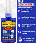 Blue thread locker medium strength bottle with removable adhesive features and specifications, ideal for DIY, machinery, automotive use.