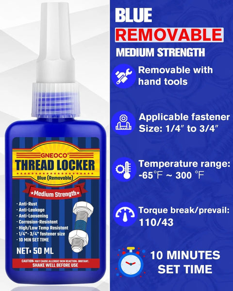Blue thread locker medium strength bottle with removable adhesive features and specifications, ideal for DIY, machinery, automotive use.