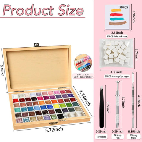 Mini Patting Gel Nail Kit With 57 Colors Ombre Gradient Gel Polish Palette dimensions and accessories shown in open wooden box