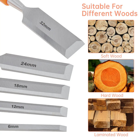 Real Deal Five Piece Wood Chisel Set With Heavy Duty Steel Hammer Ends And Smooth Ergonomic Grips, displaying 6mm to 32mm sizes.