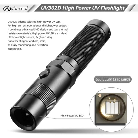 Ultra High Power 365nm UV Flashlight With LG LED Source And Black Filter Lens 3000mW Max Output detailed product view