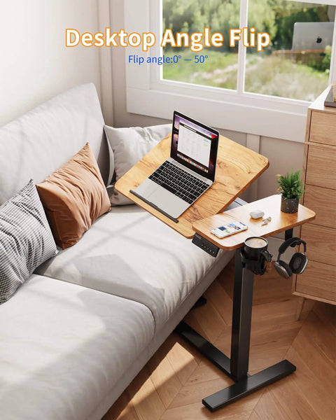 Yihayo Electric Height Adjustable Overbed Table W/ Wheels, 24x16 Inch Mobile Nursing Stand Desk For Laptop Bedside Hospital Home Use Rustic Brown Smooth Motorized Lift with laptop at 50-degree angle.