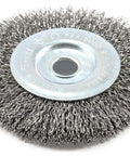 Heavy Duty Coarse Crimped Wire Wheel Brush With Half Inch Arbor And Four Inch Diameter for metal rust and paint tasks.