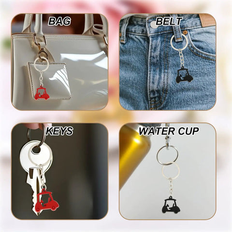 "Two Piece Golf Keychains Set In Zinc Alloy Durable Golf Cart Key Ring With Golf Themed Design A Fun Souvenir For Players And Fans Black And Red Dope Gift For Golfers And Collectors shown on bag, belt, keys, and water cup."
