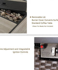 Close-up of 43 Inch Outdoor Gas Fire Pit Table With 60,000 BTU Propane Heat, showing removable lid, ignition controls, and wicker base.