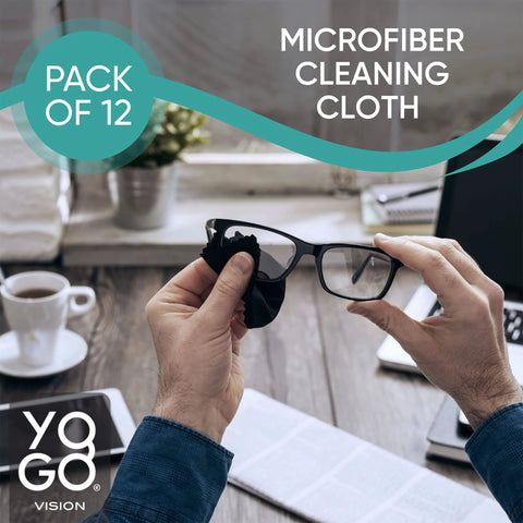 Close-up of hands cleaning eyeglasses with a black microfiber cloth; 12-pack label and brand logo visible.
