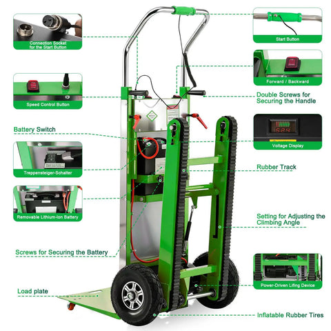 Heavy Duty Electric Stair Climbing Hand Truck With Upgraded Tracks And Height Adjustable Tray For Efficient One Person Lifting, 900lbs Capacity Lithium Battery Trolley Includes Safety Rope For Warehouse Moves control panel, battery switch, and rubber tracks