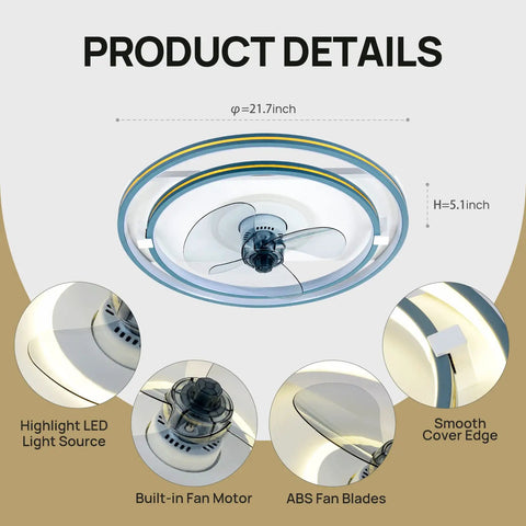 Bladeless Low-Profile Ceiling Fan With Lights Remote Control Dimmable LED Smart Round Enclosed Ceiling Fan For Bedroom