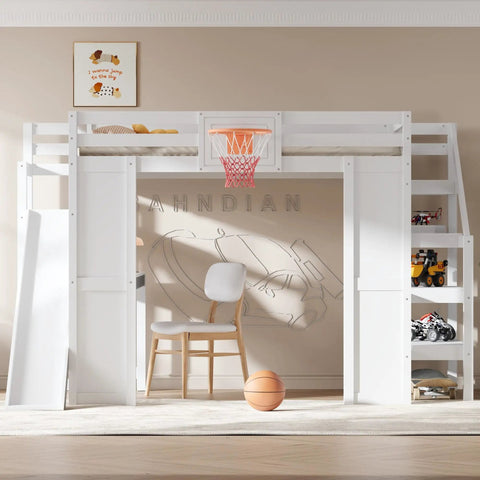 No Fuss Full Size Wooden Loft Bed With Built In Desk And Clever Storage Stairs, Equipped With A Smooth Slide And Basketball Hoop