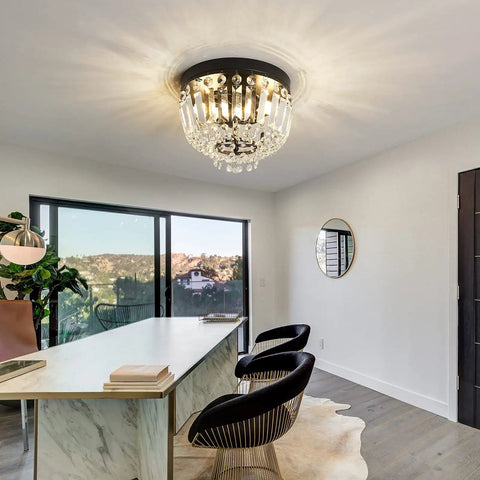 Two Light Sleek Crystal Mini Ceiling Light Fixture Modern Semi Flush Mount Closet Chandelier Ceiling Lamp For Hallway Bedroom Kitchen Bathroom With E26 Bulb Base Black 9.84 Inch Diameter And 7.87 Inch Height installed in a modern room.
