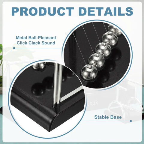 Close-up of Two Pack Newtons Cradle Pendulum Desk Toy with five metal balls and a sturdy black base.
