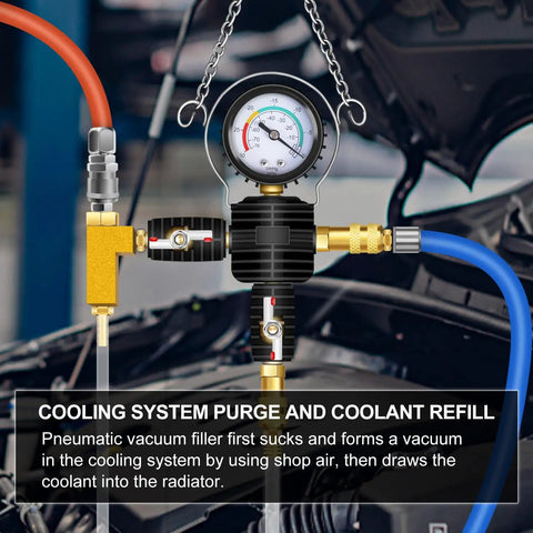 Shop Grade 28 Piece Radiator Pressure Leak Tester And Coolant Refill Tool With Universal Vacuum Adapters detailed view of vacuum filler and gauge.
