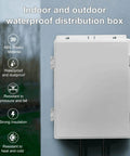 All Weather Outdoor Electrical Junction Box With Waterproof Abs Panel Enclosure And Removable Grille Snap Lock Hinged Cover displaying features like waterproofness and strong insulation.