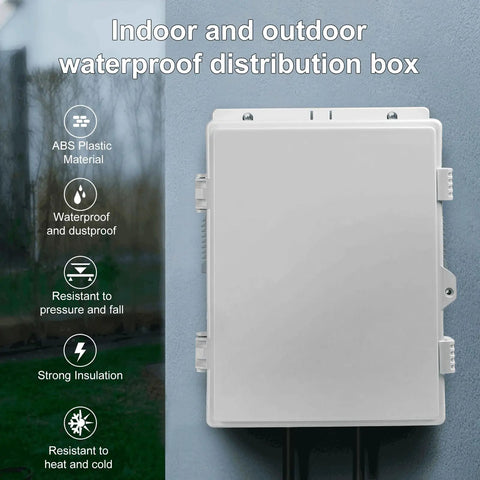 All Weather Outdoor Electrical Junction Box With Waterproof Abs Panel Enclosure And Removable Grille Snap Lock Hinged Cover displaying features like waterproofness and strong insulation.
