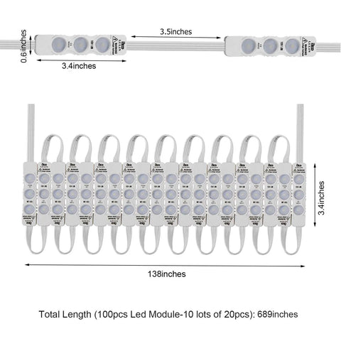 100 Pack LED Module Strip Lights Kit With Adhesive Backing, 54ft Length, AC110V, 2835 SMD Three LED Modules layout view
