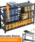 Heavy Duty Warehouse Shelving 4 Tier Industrial Steel Storage Rack With Adjustable Levels For Garage And Factory Commercial Use 2600 Pound Load Capacity Per Shelf showing vertical and horizontal storage with removable shelves.