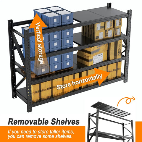 Heavy Duty Warehouse Shelving 4 Tier Industrial Steel Storage Rack With Adjustable Levels For Garage And Factory Commercial Use 2600 Pound Load Capacity Per Shelf showing vertical and horizontal storage with removable shelves.