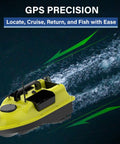 GPS Guided RC Bait Boat With Auto Return cruising on water, showcasing precision and dual battery system for carp and freshwater angling.