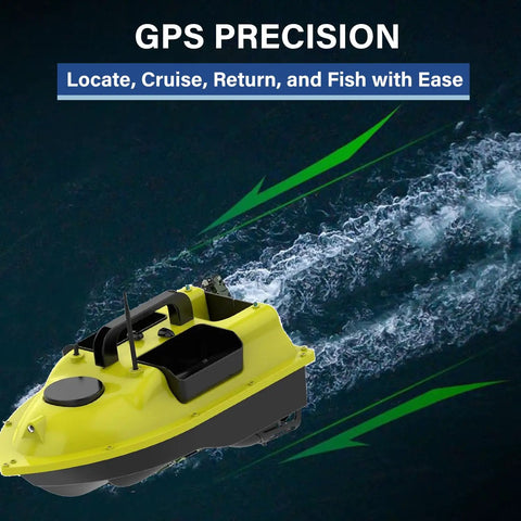 GPS Guided RC Bait Boat With Auto Return cruising on water, showcasing precision and dual battery system for carp and freshwater angling.