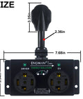 No Sweat Automatic Ev Charger Splitter For Nema 14 30P Dryer Outlet showing dimensions, green indicator lights, and dual outlets.