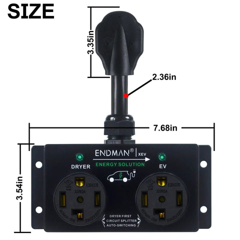 No Sweat Automatic Ev Charger Splitter For Nema 14 30P Dryer Outlet showing dimensions, green indicator lights, and dual outlets.