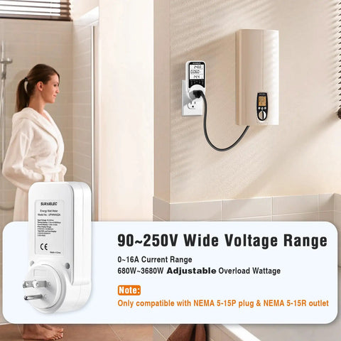Outlet Watt Meter 90-250V Range Real Time Power Monitor For Home Use Tracks Watts Volts Amps Hz And Power Factor mounted on bathroom wall