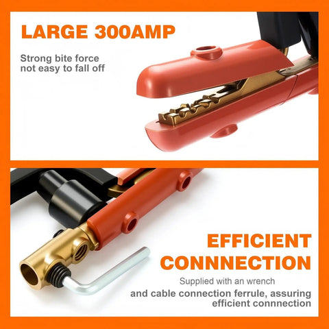 Close-up of 300 Amp Brass T Style Welding Ground Clamp and Holder combo showcasing biting force and efficient connection features.