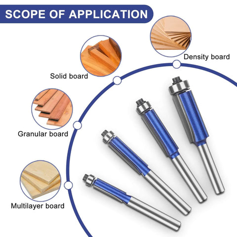 Pro Straight Flush Trim Router Bit Set with Top Bearing for veneer, laminate, shelf edging, density, solid, granular boards.