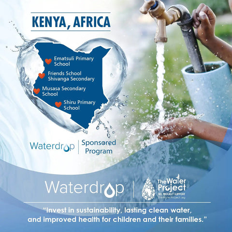 Graphic showing Waterdrop sponsorship in Kenya, featuring schools and water project benefits.