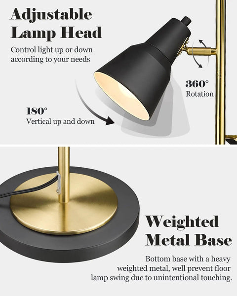 Close-up of Dope Gold Tree Floor Lamp's adjustable black lamp head and weighted metal base with brass accents.
