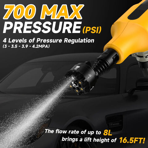 Cordless Portable Washer With Brushless Motor Compatible With DeWalt 20V Max Battery spraying water, 700 max PSI
