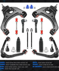 Chevy Silverado GMC Sierra Front End Suspension Kit 1999 To 2006 12 Piece With 4 Upper And Lower Control Arms Ball Joints 2 Sway Bars 4 Tie Rods 2 Boots OE Replacement Upgrade PU Bushings, black steel parts