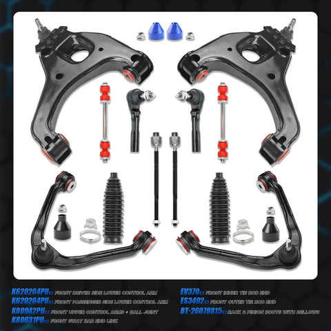 Chevy Silverado GMC Sierra Front End Suspension Kit 1999 To 2006 12 Piece With 4 Upper And Lower Control Arms Ball Joints 2 Sway Bars 4 Tie Rods 2 Boots OE Replacement Upgrade PU Bushings, black steel parts