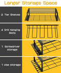 Heavy Duty Wall Mounted Power Tool Organizer 3 Tier Storage Rack For Cordless Drill Tools Strong Wire Mesh Top And Iron Support Space Saving Vertical Organizer Perfect Gift For Dad 2 Pack, featuring shelves and slots for drills and tools.