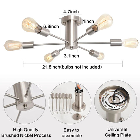 Six Light Brushed Nickel Sputnik Semi Flush Mount Ceiling Light Fixture with mid century modern vibe, product details view