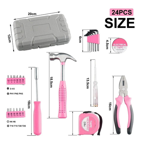 Grab And Go All In One Home DIY Tool Kit With Pink Storage Case For Household Office And Garage 24 Piece Hand Tool Set