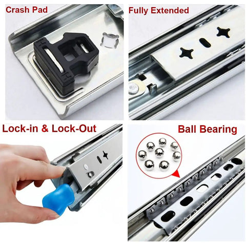 Rock Solid Heavy Duty Drawer Slides With Ball Bearing Locks and Butter Smooth Gliding Rails showing lock-in, crash pad, and ball bearings.