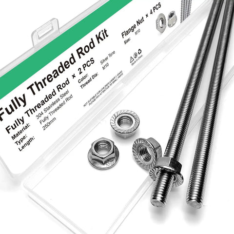 Built Tough M10 1.5 Pitch 250mm Fully Threaded Rod Studs In 304 Stainless Steel With Right Hand Threads Two Pack Includes Flange Nuts