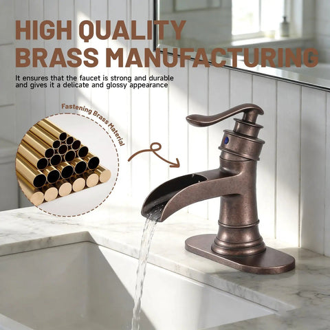 Copper Farmhouse Bathroom Sink Faucet With Waterfall Spout Boss Built To Last Pop Up Drain Stopper Single Handle Single Hole Vanity Rustic Antique Style Includes Supply Lines Hose on marble vanity with flowing water
