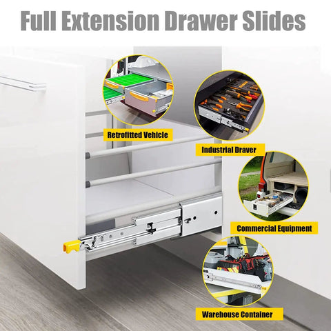 Built Like A Tank Heavy Duty Full Extension Drawer Slides With Lock showcasing uses in a retrofitted vehicle, industrial drawer, and commercial equipment.