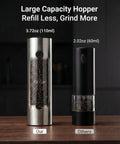 Xinkor Electric Salt And Pepper Grinder Set With Usb Rechargeable Charging Base Auto Sensor Cordless Pepper Mill Kitchen Spice Shaker For Dining Table, large capacity hoppers, stainless steel and black, side view
