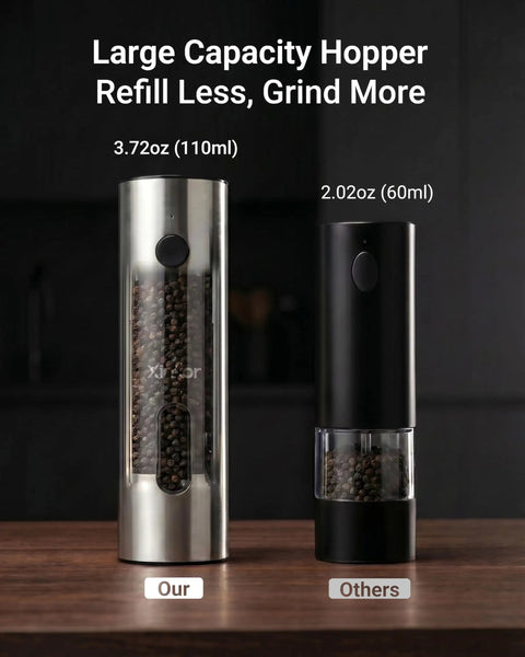 Xinkor Electric Salt And Pepper Grinder Set With Usb Rechargeable Charging Base Auto Sensor Cordless Pepper Mill Kitchen Spice Shaker For Dining Table, large capacity hoppers, stainless steel and black, side view