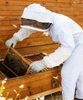 Person in XXL bee suit using 13 Piece Bee Hives Starter Kit With XXL Bee Suit And Veil Smoker Tools Feeder Tote Gloves And Beginner Friendly Gear For Backyard Beekeeping And Hobbyists