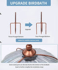 Assembly guide showing upgrade from three-pronged to four-pronged base for Blue Glass Bird Bath And Feeder With Metal Stake For Yard And Garden 31 Inch Outdoor Height Four Pronged Stable Base Easy Setup Holds Water Or Bird Food To Attract Birds In Your Backyard.